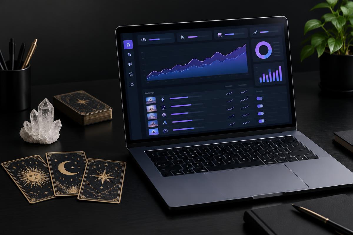 Imagen conceptual de campañas digitales junto a cartas de tarot y cuarzos