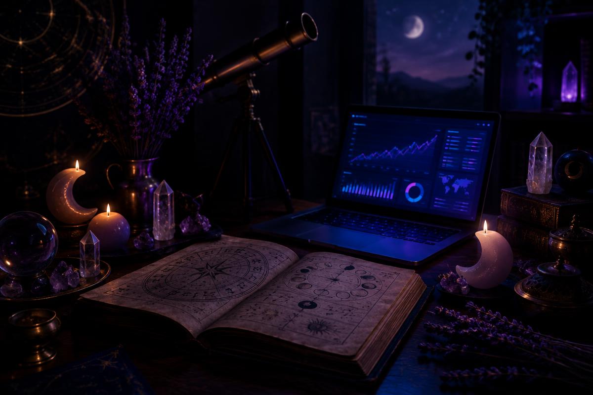 Altar místico con laptop de campañas, astrología y cristales