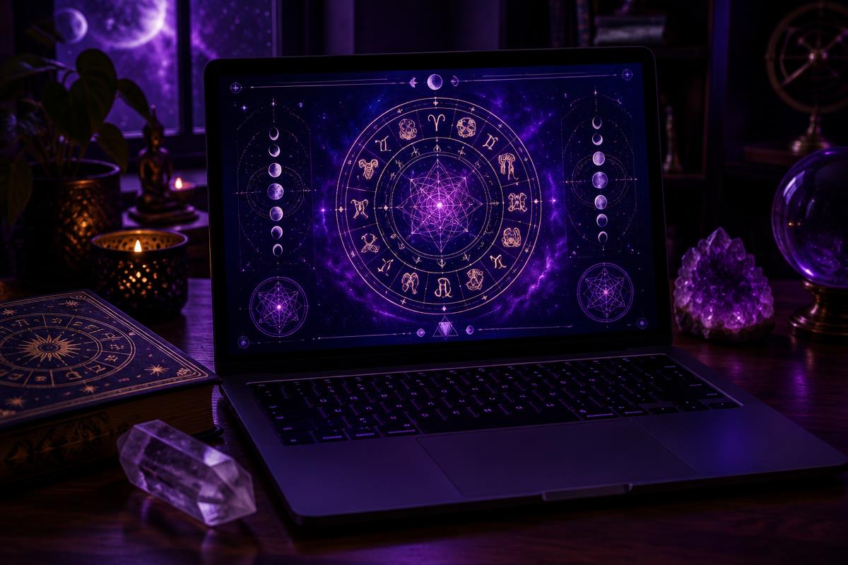 Laptop con una interfaz web de rueda zodiacal y geometría sagrada
